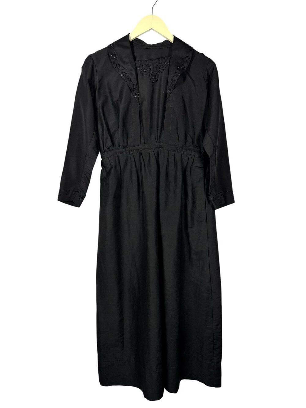 Antique 1910s Edwardian Black Cotton Twill Jet Bead Floral Mourning Dress As Is